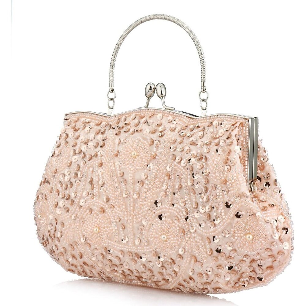 BEADED Sequin Flower Clutch Bag Champagne - Picture 3 of 8